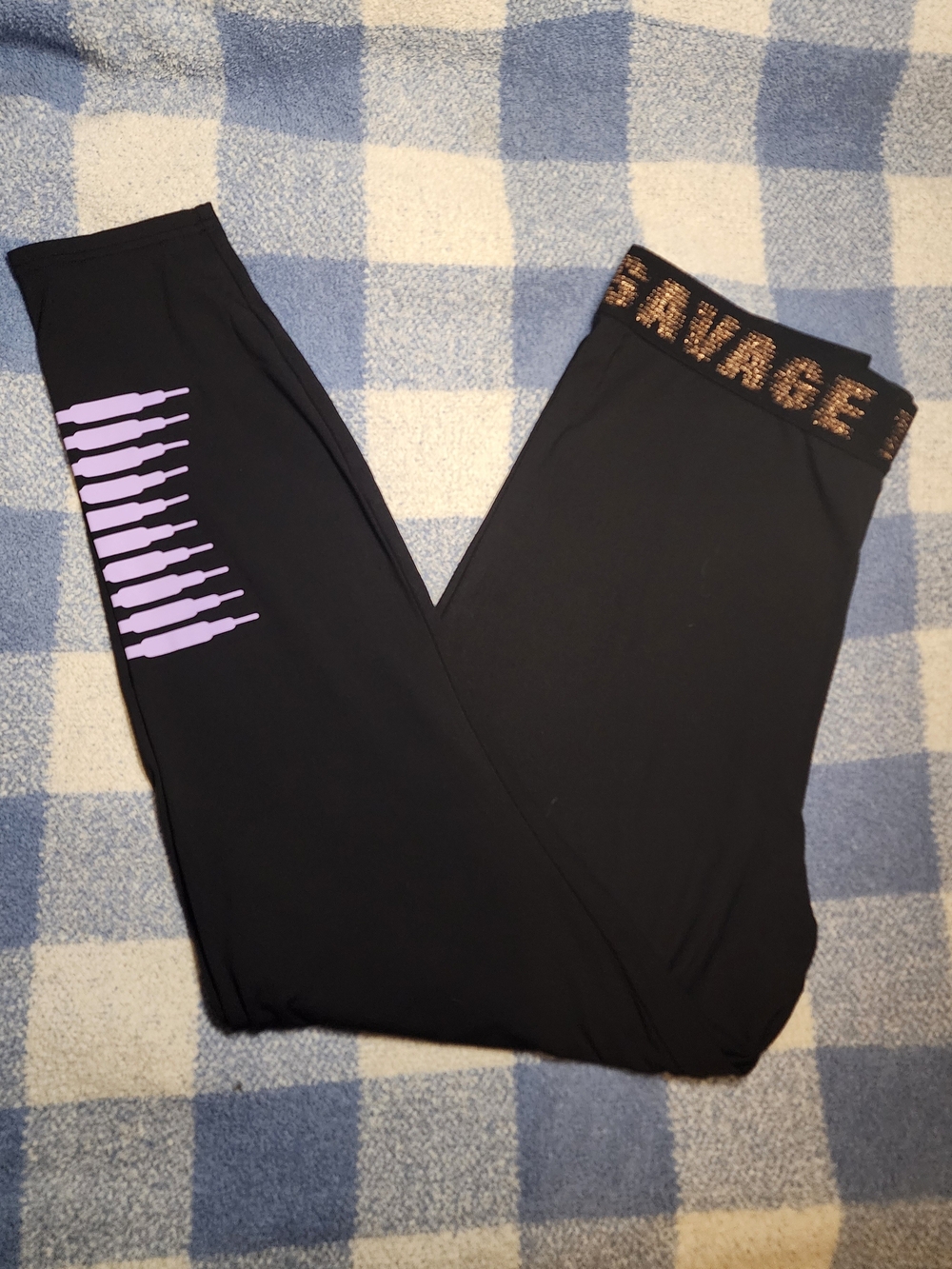 Savage X Fenty Black Leggings with Purple Stripe Accents and Gold Logo Waistband